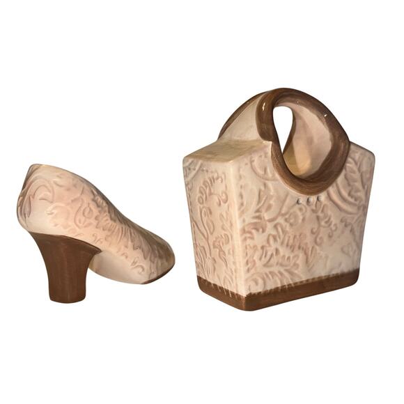 FIGI Damask Purse & Shoe Salt Pepper Shakers Blush Brown Ceramic Retro Style - Picture 4 of 8